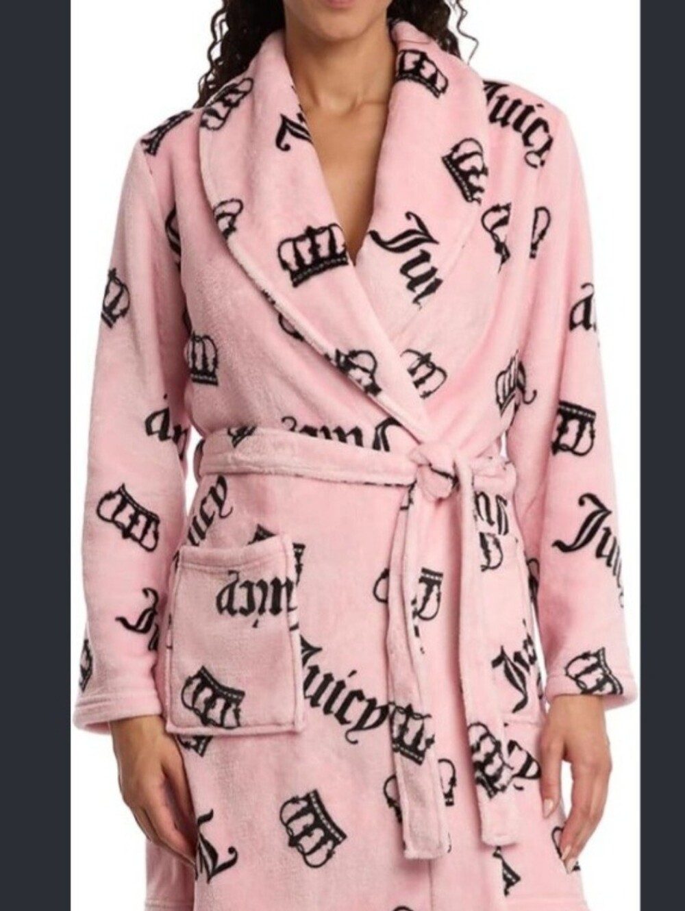 JUICY COUTURE PINK BLACK LOGO PRINTED SOFT PLUSH ROBE SIZE L/XL Without Tie